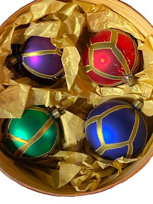 4 Neiman Marcus Mercury Glass 3  Christmas Holiday Ornament Vintage w/ Hat Box