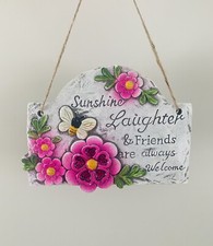 Spring Pink Bee Garden Stone Welcome Plaque Sign Hanging Outdoor Decor