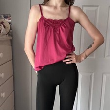Vintage JCPenney 90s Burgundy Cami Top w Lace Trim Size 34 Nylon USA Adjustable