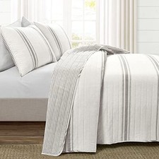 Farmhouse Stripe Reversible Cotton Set - 3 Piece Cozy King Gray Quilt
