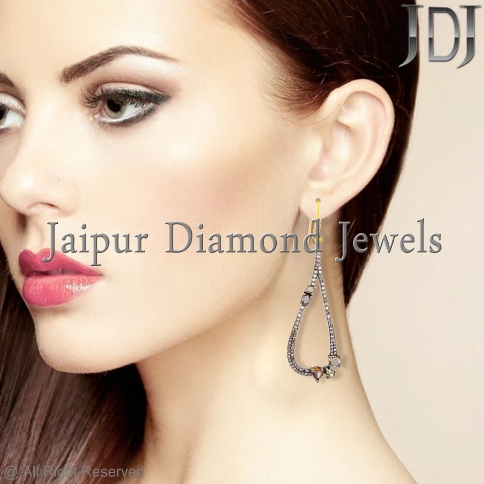 925 Sterling Silver Pave 7.82ct Natural Diamond Dangle Earrings 14k Gold Jewelry - Image 3 of 4