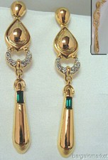 3" Long Gold Tone Emerald Green  Crystal Dangle Drop Earrings