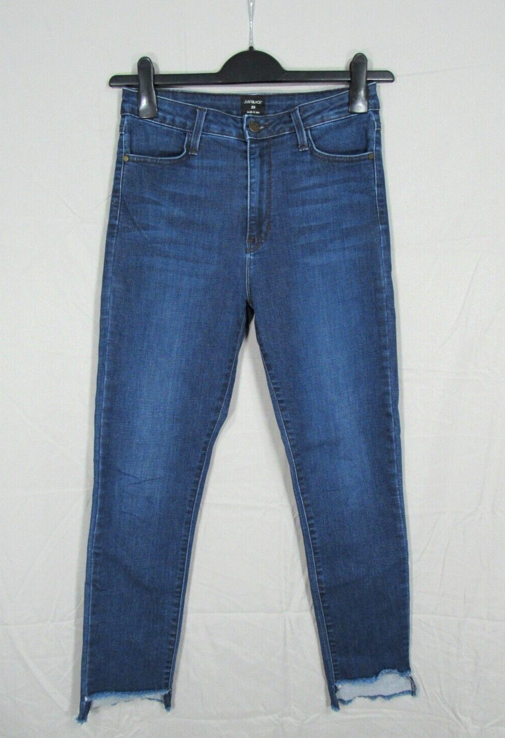 JBD JUST BLACK Blue Denim HIGH RISE SKINNY TAPERED Cut Hem ANKLE JEANS Sz 29