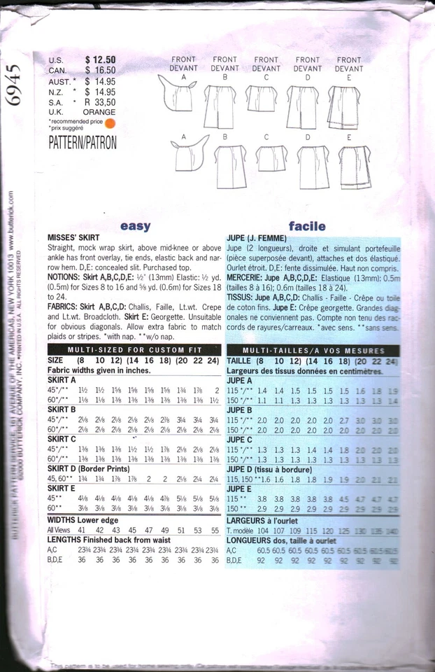 6945 Vintage Butterick SEWING Pattern Misses Straight Mock Wrap Skirt 8 - 12 OOP - Image 2 of 2