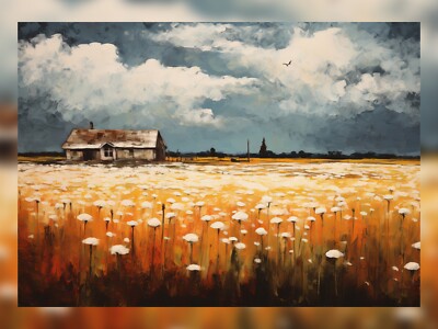 Farmhouse in Wildflowers Dark Sky Oil Painting Print Art 5''x7''