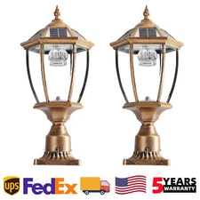 2 Pack 20'' Solar Post Light Outdoor Gold Pillar Dusk To Dawn w Remote Control