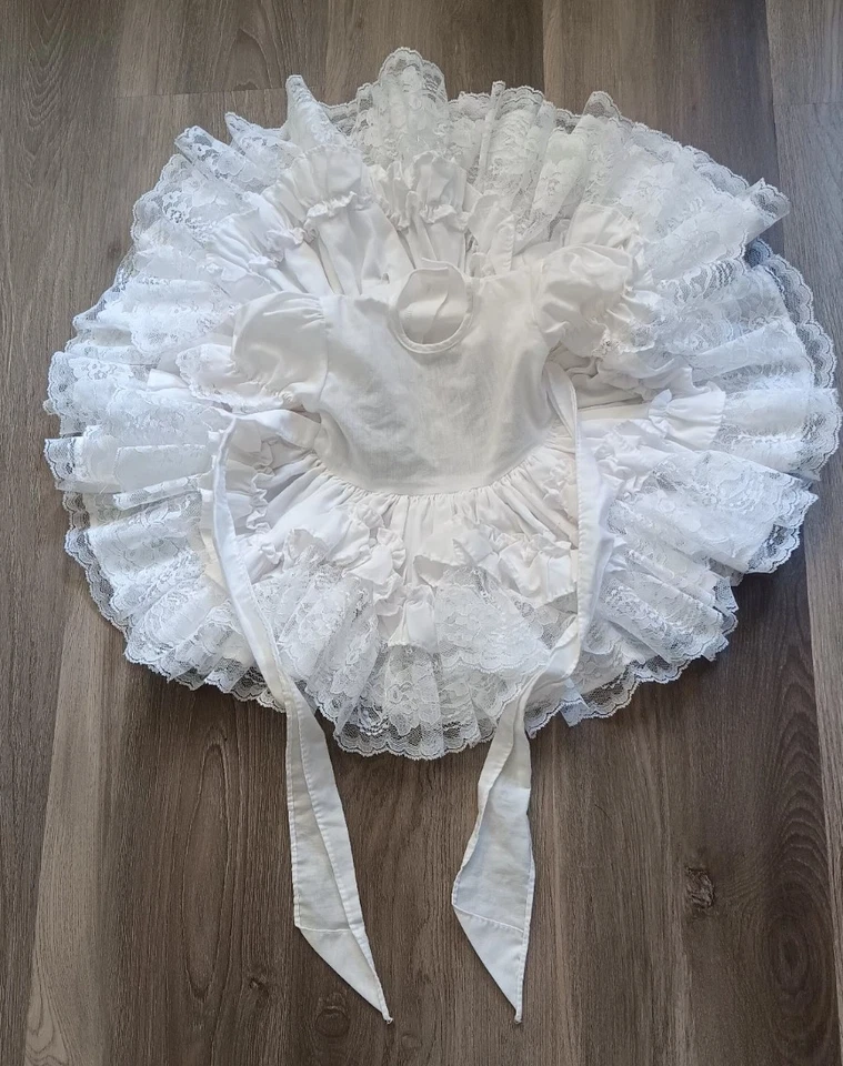 Vestido Vintage Bebé Niña 12 M Blanco Encaje Volantes Fiesta Concurso Círculo Completo Volantes Foto 3 de 4