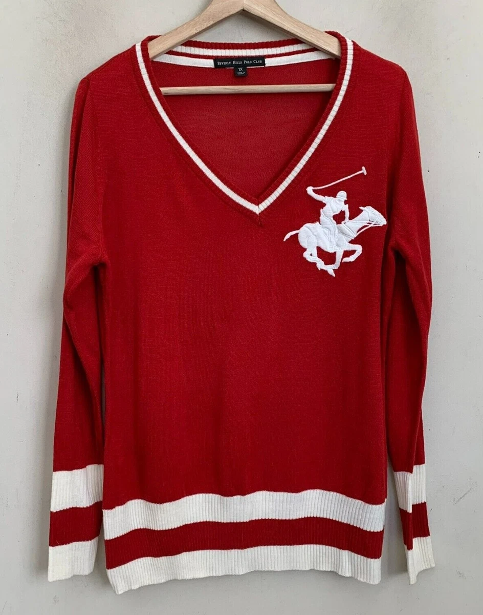 Beverly Hills Polo Club Sweater Red Knit V Neck Logo Ivory Trim Long Sleeve 1X