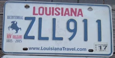 LOUISIANA Bicentennl License Plate ZLL 911 -Rescue Squad Emergency Porsche 9-1-1