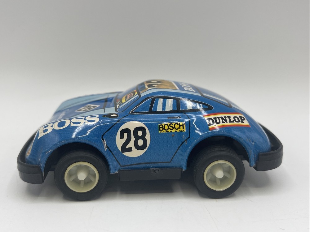 Vtg Porsche Tin Toy Friction Race Car Blue #28 Max Moritz Racing Dunlop Boss
