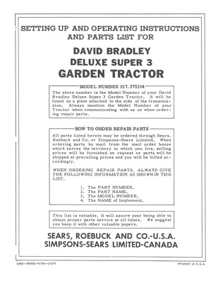Sears & Roebuck Co David Bradley Deluxe Super 3 Owners Manual Tractor 917.575104