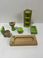 Wooden Dollhouse Bathroom Furniture Set Tub Toilet Sink Shelves Stool