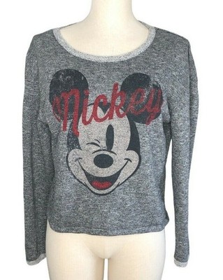 Disney Mickey Mouse Sweat Shirt Womens L Graphic Gray Red Winking Crew Neck