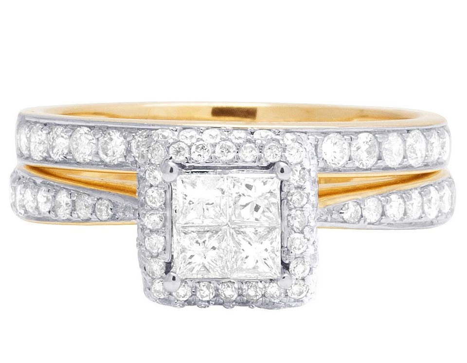 14K желтое золото подлинный принцесса огранки бриллиант квадратный Halo свадебное кольцо комплект 1 карат - Изображение 3 из 4