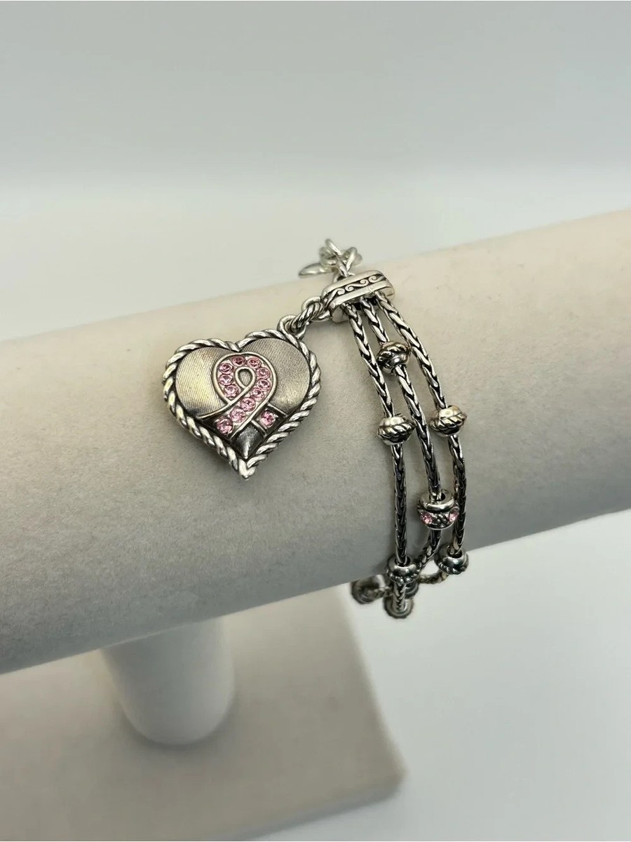 Brighton Power of Pink Heart Charm Bracelet 8" Silver Plated Crystals