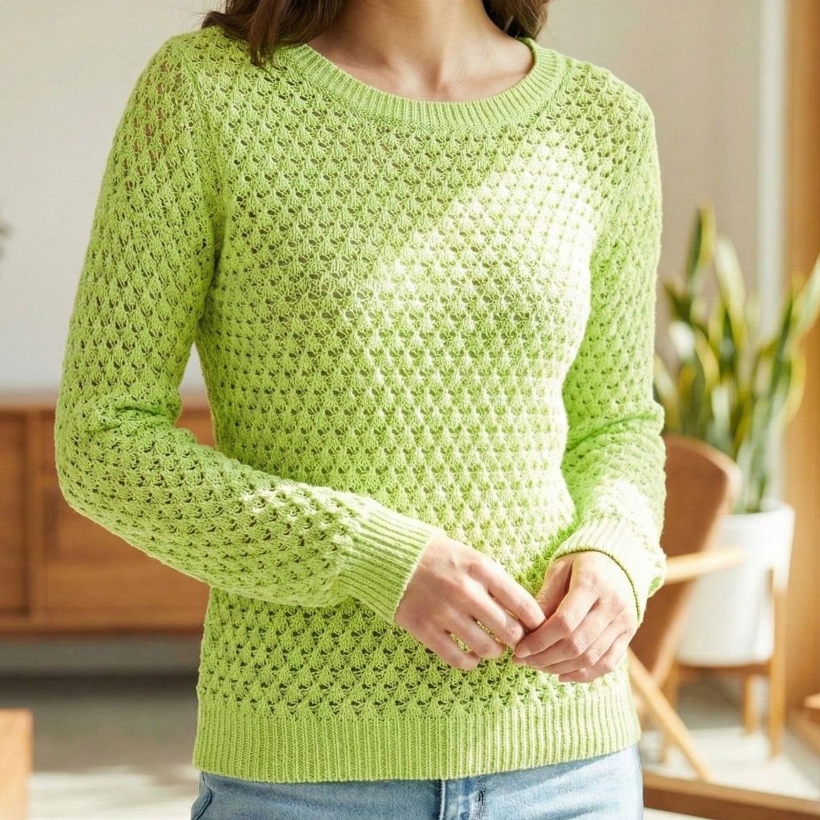 GB Gianni Bini Women's Neon Green Stretch Open Knit Top Sweater Size M