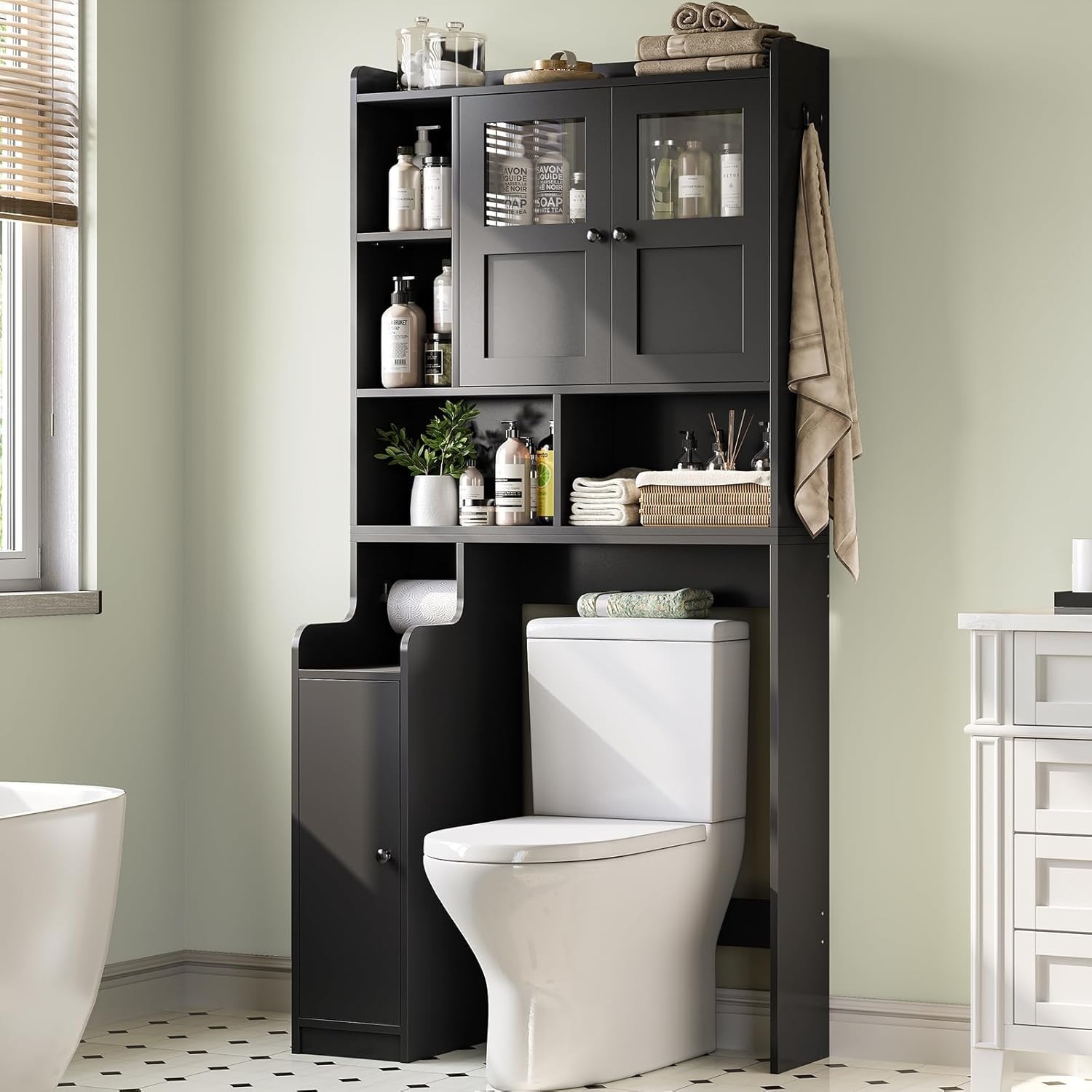 Over The Toilet Storage Cabinet, Farmhouse Bathroom Organizer with Glass Doors