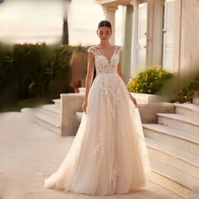 Cap Sleeves V-Neck Wedding Dresses Lace Applique A-Line Civil Bride Gowns Sequin