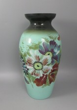 Victorian Green Opaline Glass Vase, Hand Painted Flowers 27.5cm 10 7/8"