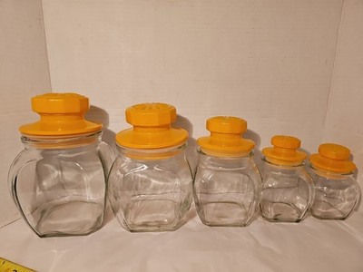 5 Glass Canister Set Square Barrel Apothecary Jars Starburst Glass Yellow Lids 