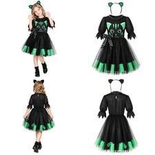 Kids Girls Cat Costume Theme Party Cosplay Outfit Back Keyhole Tulle Dress