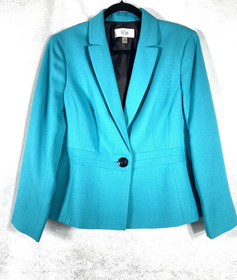 Le Suit 2 piezas Pantalón Traje Mujer’s Petite 14P Azul Negro Blazer Botón Manga Larga Foto 3 de 4