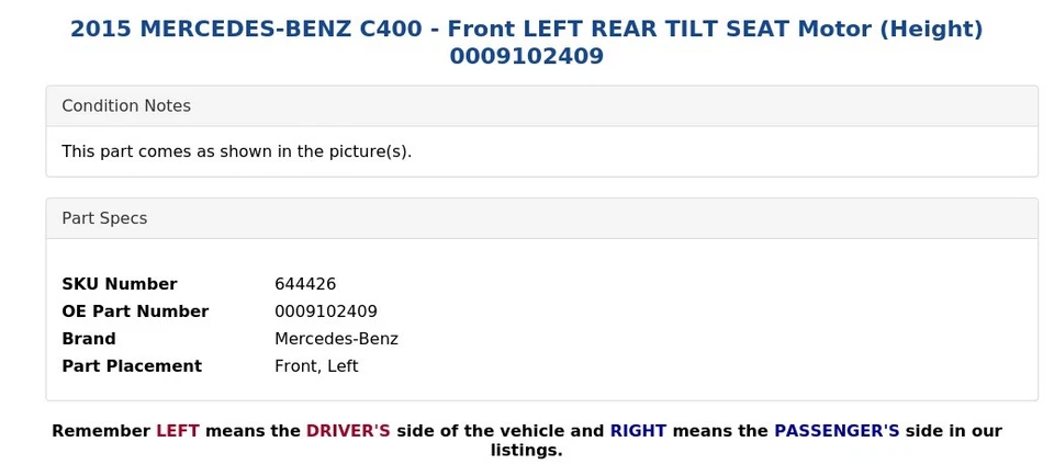 2015 MERCEDES-BENZ C400 - Front LEFT REAR TILT SEAT Motor (Height) 0009102409 - Image 4 of 4