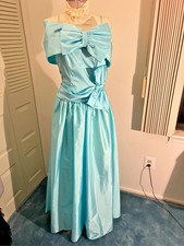 NEW-Unworn Vintage 80s blue party prom dress w adjustable draped collar bow. S