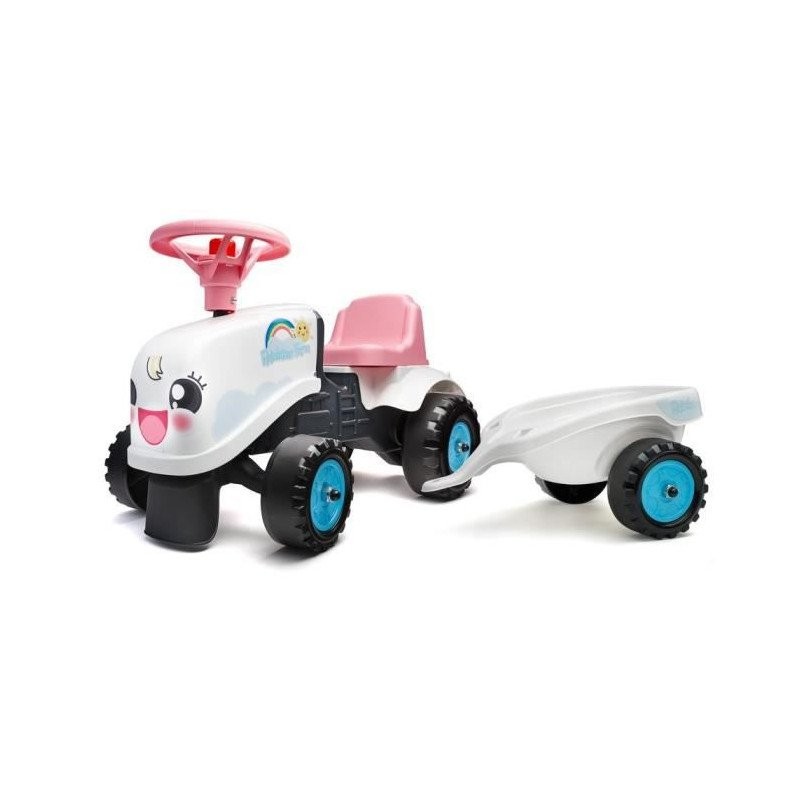 Porteur Tracteur Rainbow Farm avec remorque plastique blanc et rose
