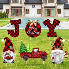 6PCS Christmas Yard Signs with Stakes - Red  Black Buffalo Plaid Joy Gnomes ...