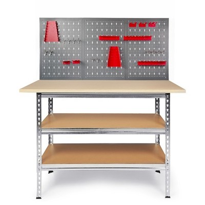 Werkstatt Set Werkbank Uwe Werktisch mit Lochwand und Hakensortiment rot Ondis24