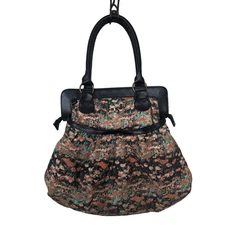 VLCM VOLCOM floral canvas black faux leather trim hobo Handbag Bag Purse Lined