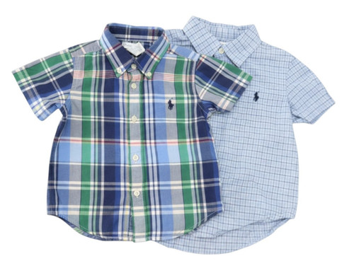 RALPH LAUREN Lot 2 Boys BLUE PLAID Button-Up EMBROIDERED PONY Oxford Shirts 24M