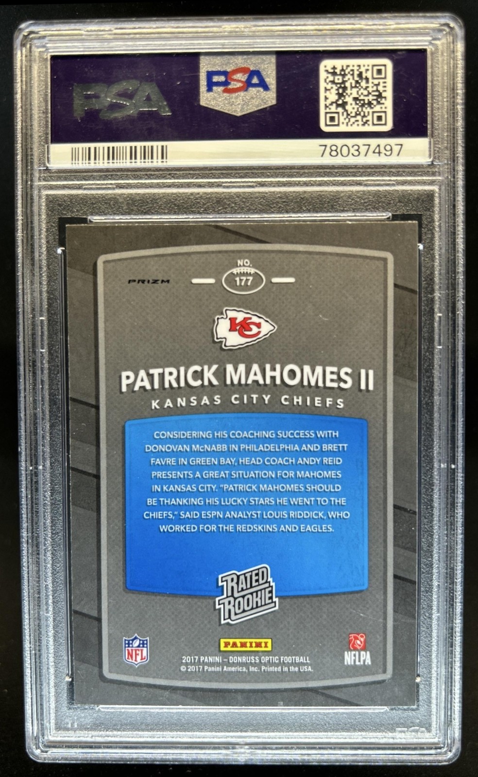 2017 Panini Donruss Optic Patrick Mahomes II Pink RC Rated Rookie #177 PSA 10 view 2