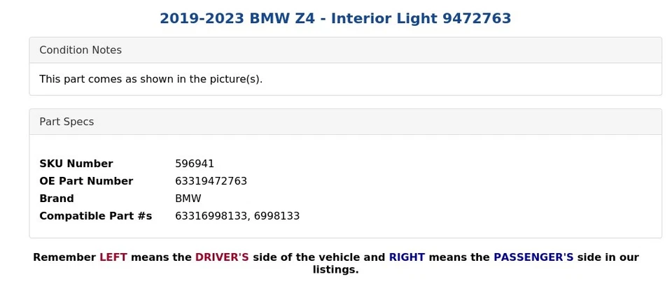 BMW Z4 2019-2023 - Luz interior 9472763 Foto 4 de 4