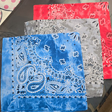 Lot of 3 Paisley Bandana Scarves, Cotton Woven Printed, Blue Gray Red