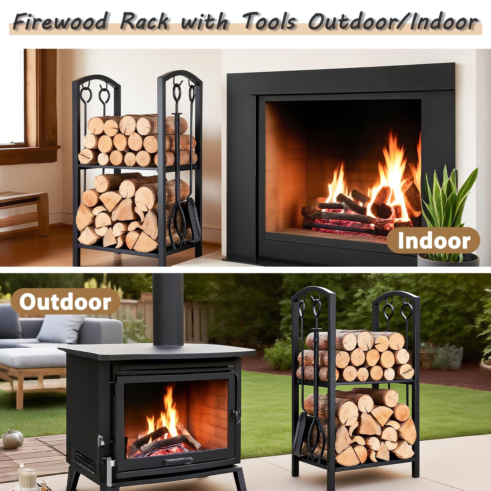 Firewood Rack Indoor Outdoor with Tools, 5-Piece Fireplace Tools Set, Firepla...