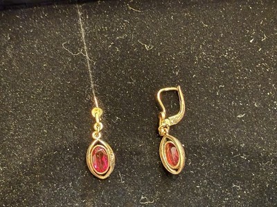 Vintage W Germany LONA RGP Gold Rolled Ruby? Dangle Pierced Earrings