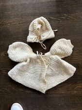 Vintage 1950  Baby Hand Knit Crochet Infant Sweater Cardigan  Hat Ivory