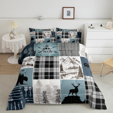 Retro Cabin Bedding Set Checkered Plaid Patchwork Comforter Set Queen for Kids T