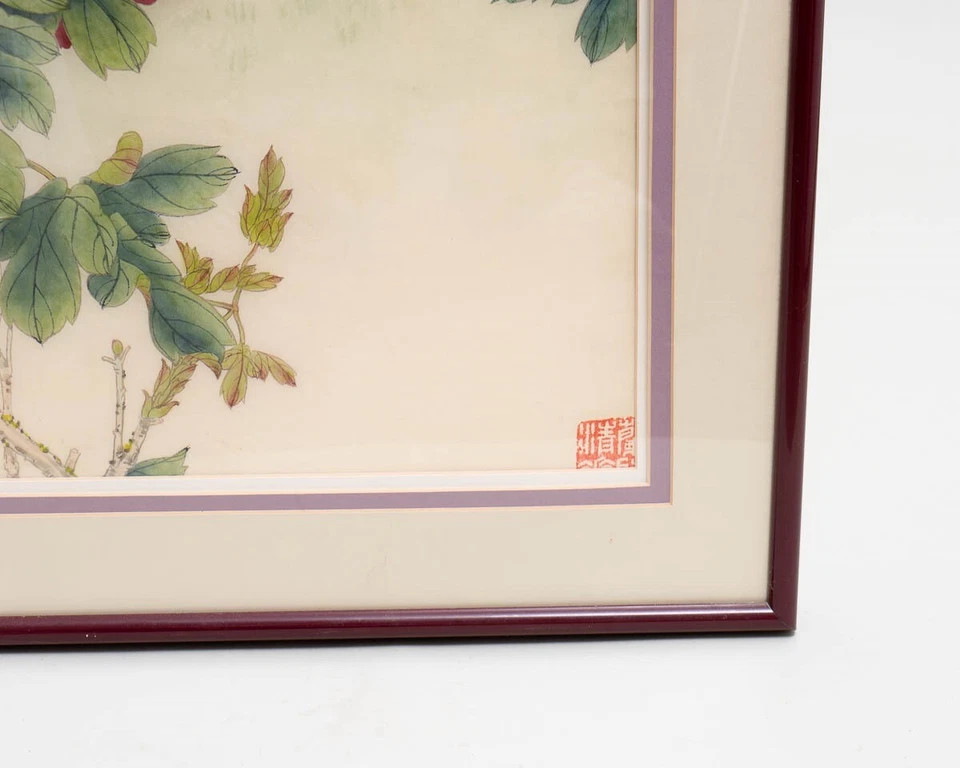 Large Chinese Silk Painting White & Black Peacocks & Peonies 31" Wide x 49" Tall - Image 4 of 4