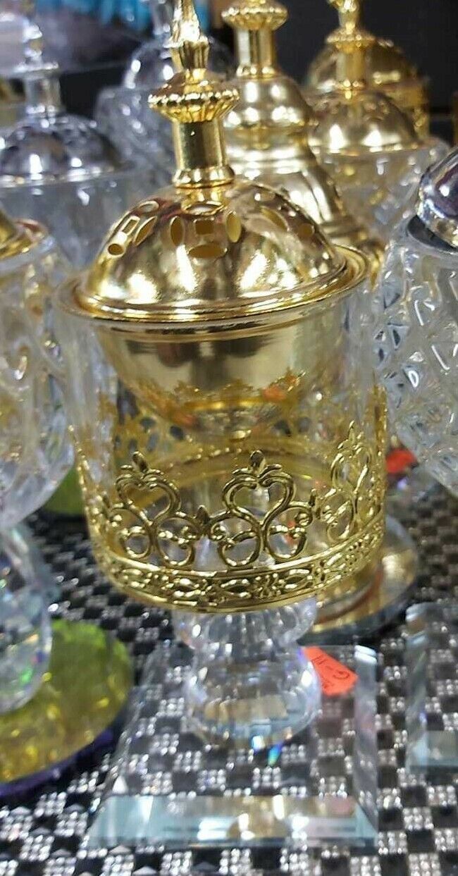 Arabian Incense Burner Bakhoor Crystal Glass & Metal Gold Traditional