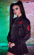 Dolls Kill + Dc Harley Quinn Satin Crazy In Love Black Bomber Jacket, Size Small