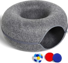Large indoor cat tunnel bed with 3 toys 24x24x11 inches long, dark gray 