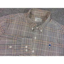 Giordano Oxford Shirt Mens Med Slim Blue Gold Plaid Stretch