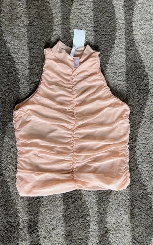 NWT peach pink ruched mesh mock neck tank top size L - product listing photo