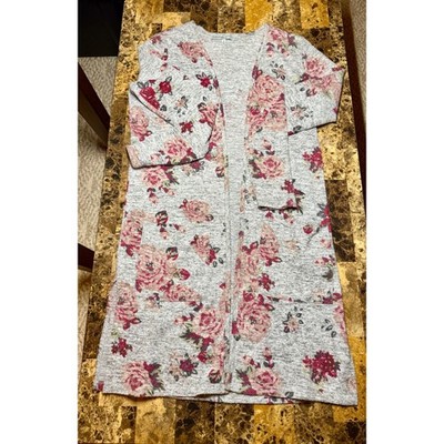 Absolutely Famous Floral Gray Open Front Long Cardigan Sweater Women Size S