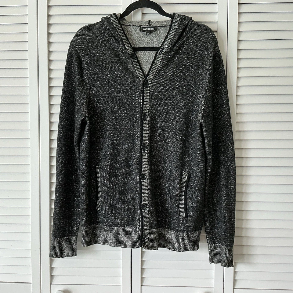 Cardigã masculino Express com capuz tamanho M cinza preto suéter bolsos de algodão confortável - Imagem 3 de 4