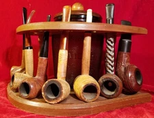 Wood 7 Smoking Pipe Holder Amber Duraglass Glass Jar Desk Humidor Stand vtg