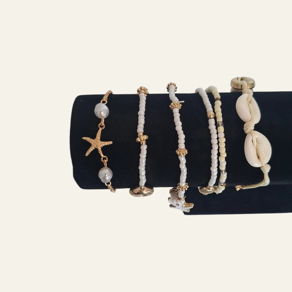 Lot 5 Bracelets Femme Bohème Perles Blanches Coquillage Cauri Étoile de Mer Doré - Photo 2/2